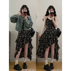 批发实拍～<b class='q'>大码</b>女装初秋高级感不规则法式碎花吊带裙小众牛仔外套套装