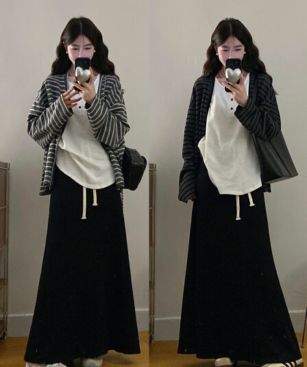 실사 빅 사이즈 여성 의류 프랑스식 느긋한 바람 배색 스트라이프 긴팔 재킷 인사이드 가져 가라. 조끼 하이웨이스트 반신 롱 스커트