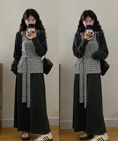 실사 빅 사이즈 여성 의류 가을 느긋한 바람 오픈 가디건 스트라이프 행침 목 스트랩 조끼 도루 가을 센스 한 마디 치마 세트