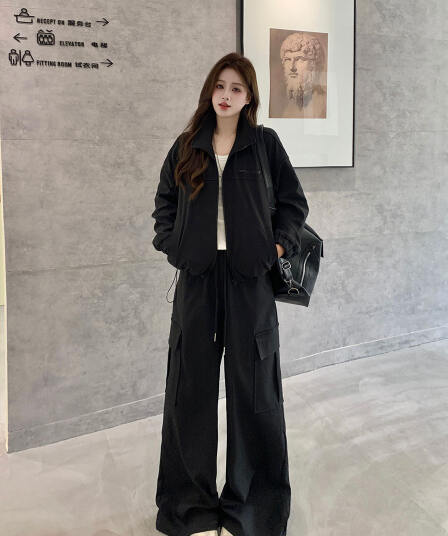 실사 빅 사이즈 여성 의류 아메리칸 재킷 스탠드 칼라 재킷 워크웨어 반신 스커트 슬림해 보이는 긴 바지 디자인 센스 세트