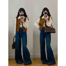 批发实拍～大码女装复古长袖衬衫中式无袖<b class='q'>马甲</b><b class='q'>背心</b>上衣搭配<b class='q'>牛仔</b>裤套装