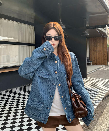 실사 빅 사이즈 여성 의류 고급 파란색 질감 센스 자카드 데님 재킷 커피 색상 타이트 스커트 스웨이드 원단 짧은 바지