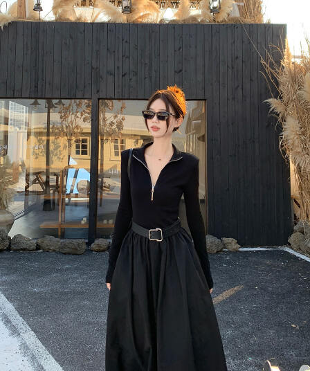 실사 빅 사이즈 여성 의류 가을 그는 벤 바람 검정색 품격 디자인 센스 패션 지퍼 허리 수축 슬림해 보이는 드레스