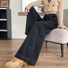 实拍~秋冬黑色加绒窄版阔腿牛仔裤高腰显瘦直筒宽松拖地裤