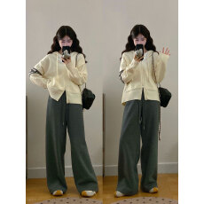 批发实拍~大码<b class='q'>女</b><b class='q'>装</b>显瘦韩系连帽毛衣针织外套宽松加绒加厚阔腿卫裤