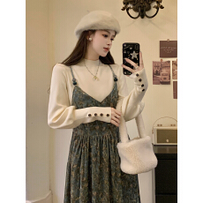 批发实拍大码女装秋冬气质丝绒<b class='q'>吊带</b>连衣裙长袖针织简约百搭打底衫套装