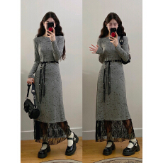 批发实拍~大码女装秋冬蕾丝拼接气质长袖针织连衣裙胖MM藏肉显瘦长裙