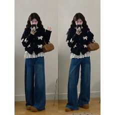 批发实拍<b class='q'>大码</b>女装秋冬圆领拼蕾丝花边内搭打底衫小狗绣花针织开衫套装