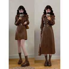 批发实拍～大码女装布鲁克林棕咖色皮衣连衣裙胖MM藏肉显瘦收腰皮裙女