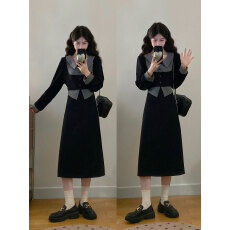 批发实拍~大码女装韩系<b class='q'>通勤</b>慵懒拼接假两件polo领长袖收腰显瘦连衣裙