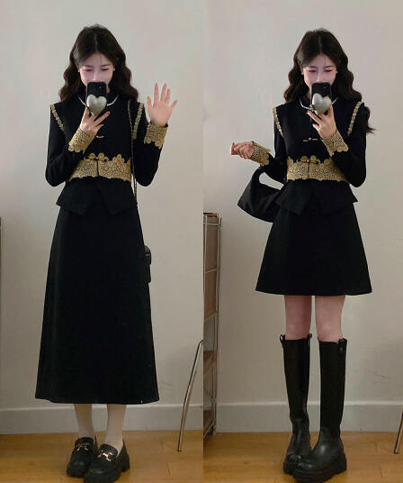 실사 m 하나 4xl 레이스 조각 허리 수축 새로운 중식 국풍 단추 조끼 드레스 레트로 투피스 세트