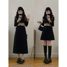 批发实拍~大码女装蕾丝拼接收腰新中式国风盘扣马夹+连衣<b class='q'>裙</b>复古两件套