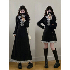 批发实拍~大码女装2026<b class='q'>春</b>蕾丝拼接高级感收腰连衣裙重工气质小黑裙