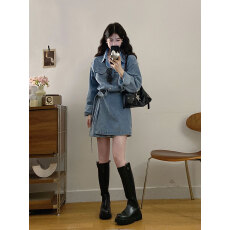 批发实拍～S-4XL随性自由派复古港风翻领水洗<b class='q'>牛仔</b><b class='q'>连衣裙</b>气质收腰