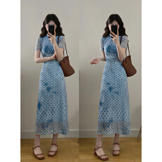 批发实拍~S-4XL新中式国风蓝色复古波点改良旗袍短袖<b class='q'>连衣裙</b>女收腰长裙