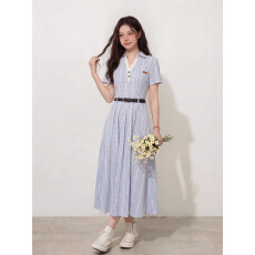 批发实拍～S-4XL女装<b class='q'>通勤</b>温柔格调蓝色设计感收腰格纹短袖连衣长裙