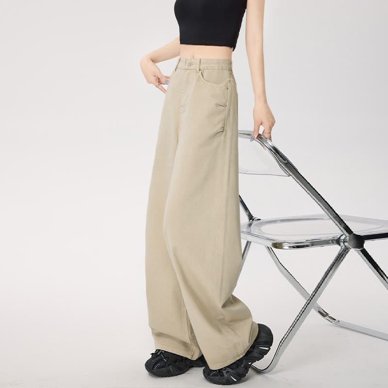 实拍~S-4XL新款大码宽松纯棉高腰窄版弯刀裤牛仔裤慵懒松弛感女