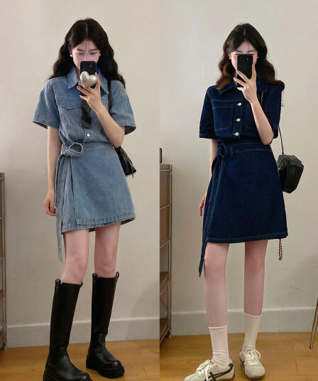 실사 s-4xl 와 성별 자유 주의자 레트로 항구 바람 폴로 칼라 워싱 반팔 데님 드레스 품격 허리 수축