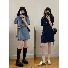 批发实拍～S-4XL随性自由派复古港风翻领水洗短袖牛仔连衣裙气质收腰