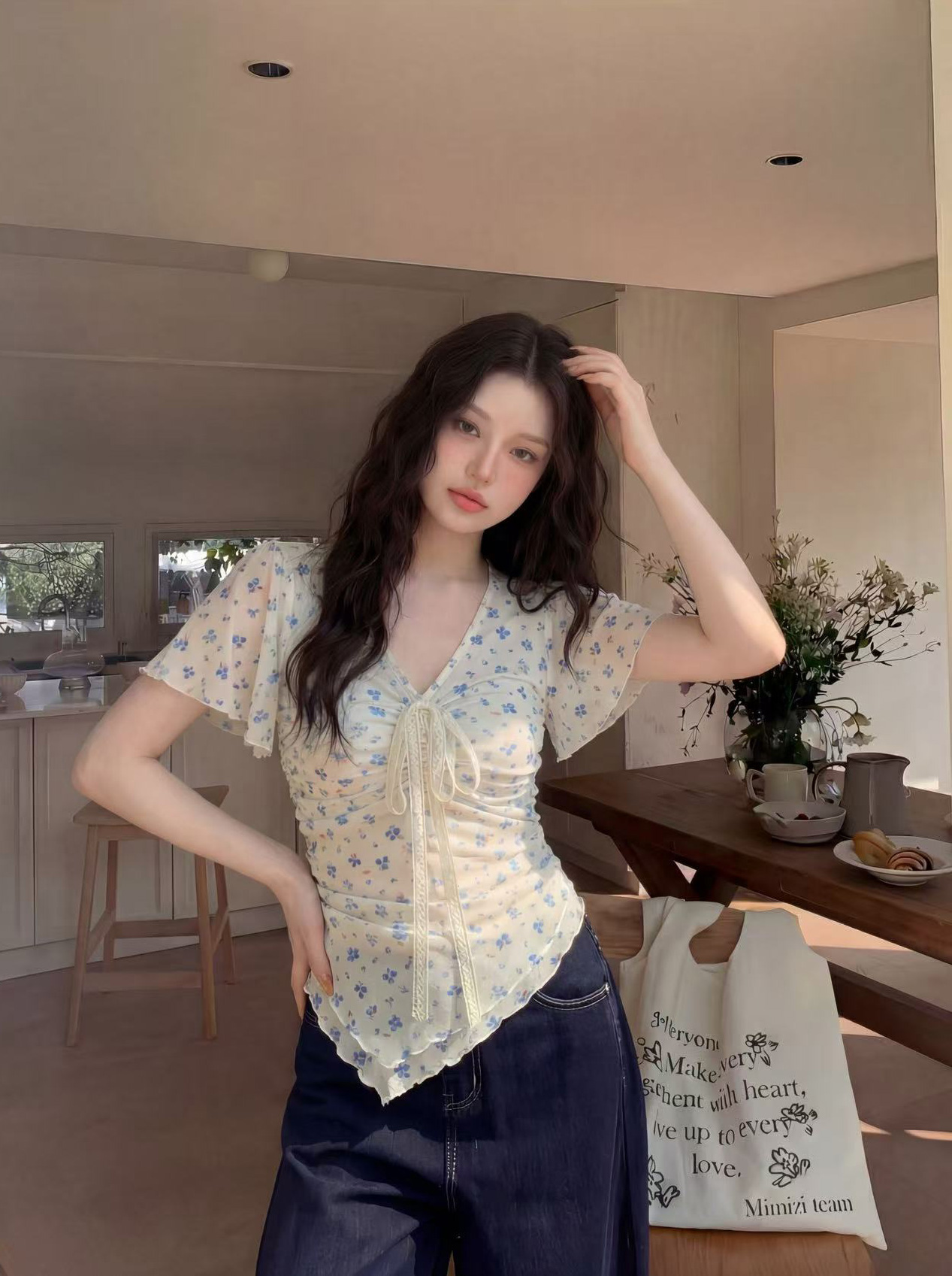 실사 정가 s-4xl 달콤한 매운맛 바람 꽃무늬 레이스 레이스업 반팔 티셔츠 디자인 센스 불규칙 밑단 슬림해 보이는