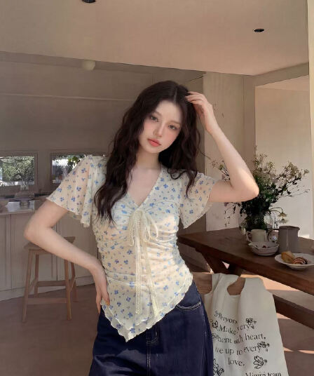 실사 정가 s-4xl 달콤한 매운맛 바람 꽃무늬 레이스 레이스업 반팔 티셔츠 디자인 센스 불규칙 밑단 슬림해 보이는