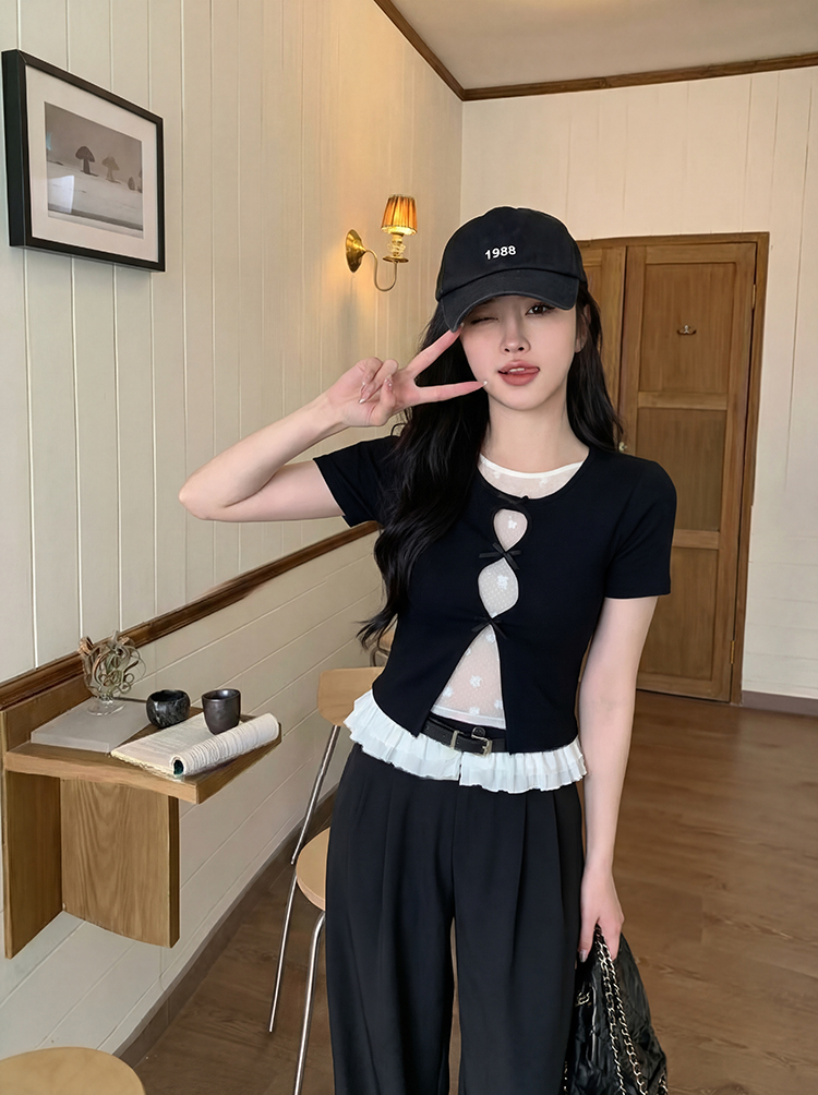 실사 정가 s-4xl 빅 사이즈 지방 mm 한 부서 슬림해 보이는 다크 바람 페이크 레이어드 반팔 홀로우 아웃 망사 맨위 여성