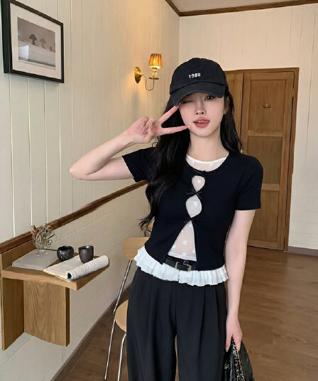 실사 정가 s-4xl 빅 사이즈 지방 mm 한 부서 슬림해 보이는 다크 바람 페이크 레이어드 반팔 홀로우 아웃 망사 맨위 여성
