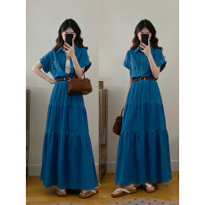 批发实拍~S-4XL微胖MM复古港风夏季显瘦单排扣收腰显瘦牛仔连衣裙