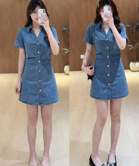 실사 빅 사이즈 여성 의류 항구 바람 파란색 상쾌 주름 폴로 칼라 허리 수축 표지 배 슬림해 보이는 데님 드레스