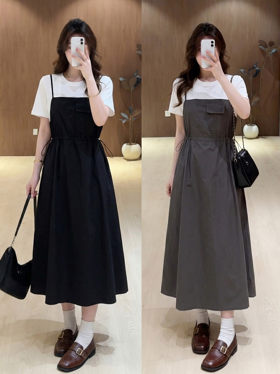 실사 빅 사이즈 여성 의류 페이크 레이어드 워크웨어 펌프 로프 디자인 드레스 지방 mm 여름 새로운 루즈핏 한 마디 롱 스커트