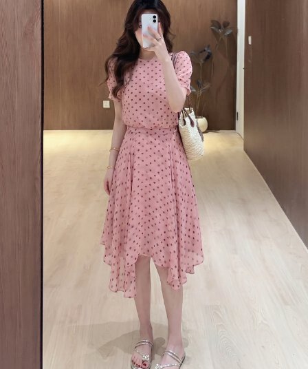 실사 빅 사이즈 여름 새로운 분말 안개 도트 무늬 프랑스식 거품 소매 하이웨이스트 표지 고기 슬림해 보이는 한 마디 여성 드레스