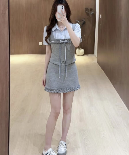 실사 빅 사이즈 여름 학원 스타일 스트라이프 페이크 레이어드 맨위 프릴 미니 스커트 패션 세트 여성 한 부서