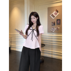 批发实拍～大码胖MM韩系衬衫女<b class='q'>夏</b>季新款减龄V领甜美撞色绑带上衣