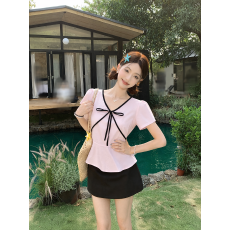 批发实拍～大码胖MM韩系衬衫女<b class='q'>夏</b>季新款减龄V领甜美撞色绑带上衣