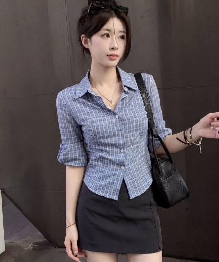 실사 빅 사이즈 한 부서 POLO 칼라 체크무늬 7부 소매 여성 셔츠 여름 허리 수축 슬림해 보이는 디자인 센스 품격 맨위