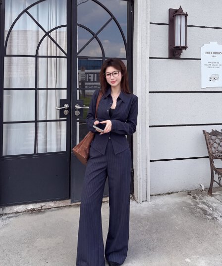 실사 빅 사이즈 여름 새로운 출퇴근 바람 스트라이프 여성 셔츠 고급 센스 긴팔 폴로 칼라 비즈니스웨어 맨위