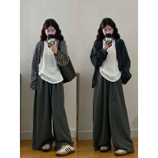 批发实拍~大码女装秋季慵懒风美式撞色条纹长袖内搭背心+休闲长裤套装