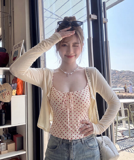 실사 빅 사이즈 가을 새로운 단색 익스트림 제인 편안함 니트 오픈 가디건 도트 무늬 레이스업 캐미솔 투피스 세트