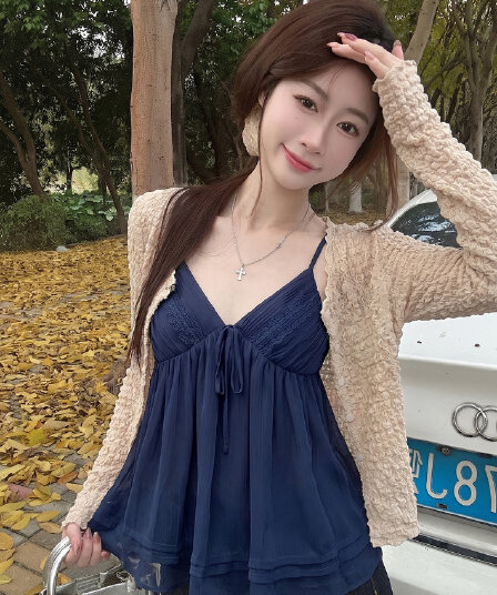 실사 빅 사이즈 가을 새로운 한 부서 버블 오픈 가디건 순수한 욕망 V넥 캐미솔 디자인 센스 세트