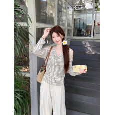 批发实拍~ 大码韩式条纹荡领露肩长袖女秋<b class='q'>夏</b>宽松慵懒风上衣薄款罩衫
