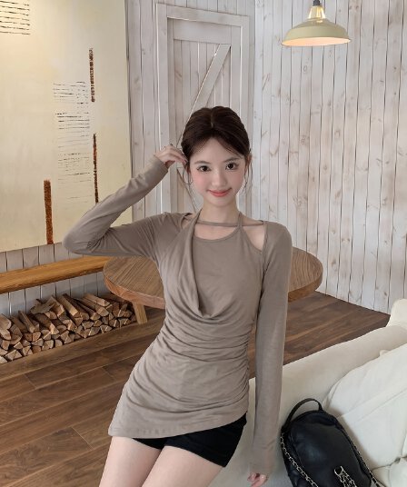 실사 빅 사이즈 불규칙 행침 목 u 칼라 패치워크 긴팔 티셔츠 여성 새로운 가을 한 부서 허리 수축 맨위