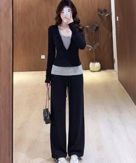 실사 빅 사이즈 lulu 부서 종이 사람들 세트 디자인 지퍼 긴팔 t+ 슬림해 보이는 조끼 도루 센스 캐주얼 바지