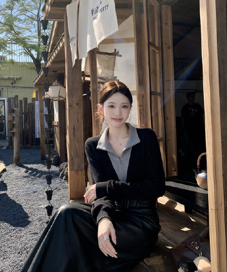 실사 빅 사이즈 여성 의류 고급 센스 스택 착용 다용도 니트 스웨터 길이 가죽 스커트 빅 사이즈 지방 mm 배색 세트