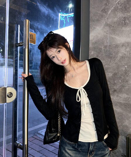 실사 빅 사이즈 2026 이른 가을 새로운 순수한 욕망 스트랩 반팔 티셔츠 스택 착용 긴팔 오픈 가디건 투피스 세트 맨위