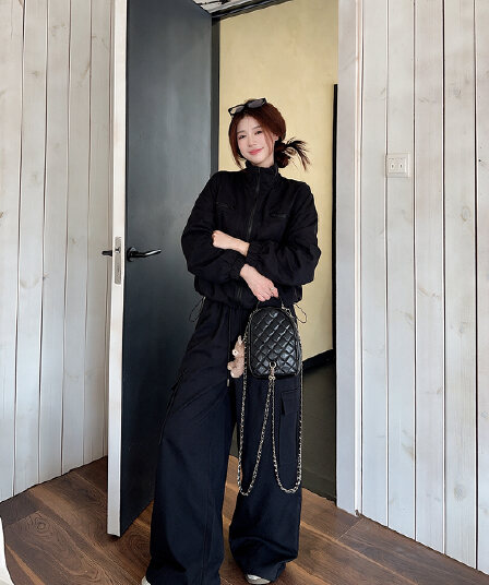 실사 빅 사이즈 여성 의류 아메리칸 재킷 스탠드 칼라 재킷 워크웨어 반신 스커트 슬림해 보이는 긴 바지 디자인 센스 세트