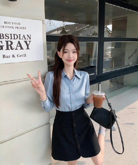 실사 빅 사이즈 여성 의류 품격 배색 셔츠 페이크 레이어드 프랑스식 블루 스트라이프 패치워크 허리 수축 드레스