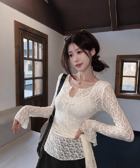 실사 가을 새로운 한 부서 순수한 욕망 레이스 자수 디자인 센스 긴팔 작은 셔츠 페이크 레이어드 맨위 여성