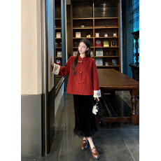 批发实拍～特价大码女装秋冬新款新中式红色盘扣毛呢外套