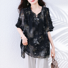 批发实拍 大码<b class='q'>女装</b>时尚水墨印花短袖T恤加肥加大宽松遮肉显瘦百搭衬衫