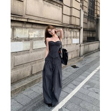 批发实拍实价 2025新款<b class='q'>条纹</b>镂空百搭抹胸上衣女高腰长裤<b class='q'>套装</b>